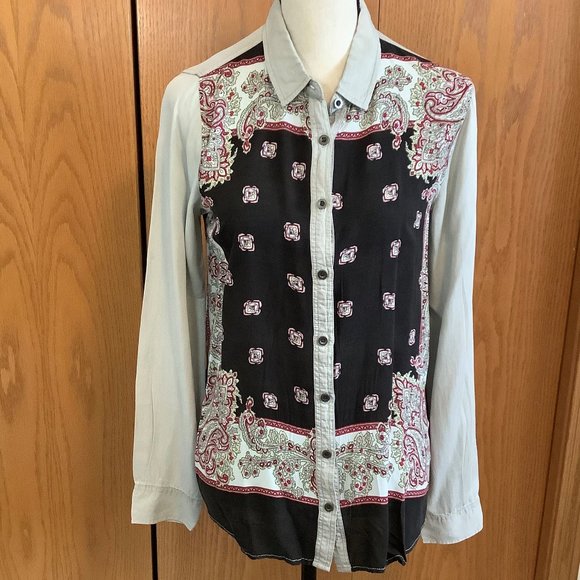 Emberley Tops - Emberley Chambray Scarf Print Blouse Sz-M
